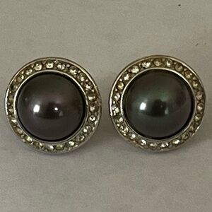 VTG C. Dior Signed Black Grey Pearl Pierced Post Earrings Crystals Rhinestone